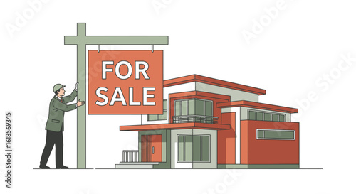 Stylish Modern House with a Large 'For Sale' Sign, Perfectly Illustrating Real Estate Market Dynamics and Home Selling Concept for Marketing and Business Use