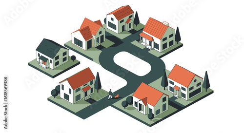 Vibrant Isometric Illustration of a Residential Neighborhood Featuring Houses with Distinct Roof Colors, Tree-Lined Streets, and a Pedestrian Walking a Dog Through the Community