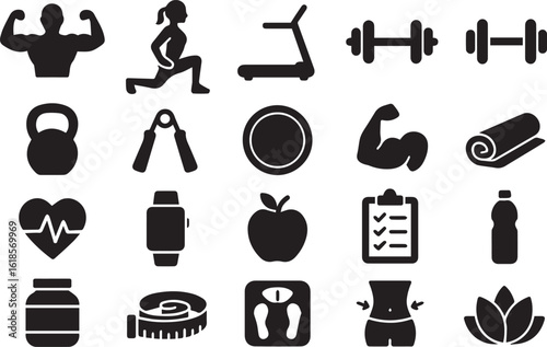 health and fitness icons set black and white minimal