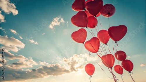  Romantic Red Heart and Round Balloons Flying in a Sunny Sky