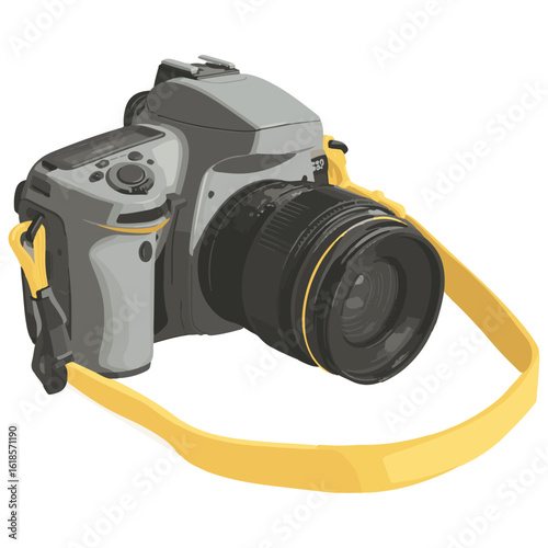Professional DSLR Camera with Yellow Strap and Lens