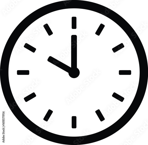 Vector illustration of a black analog clock face with hands pointing to ten past eleven, isolated on white background