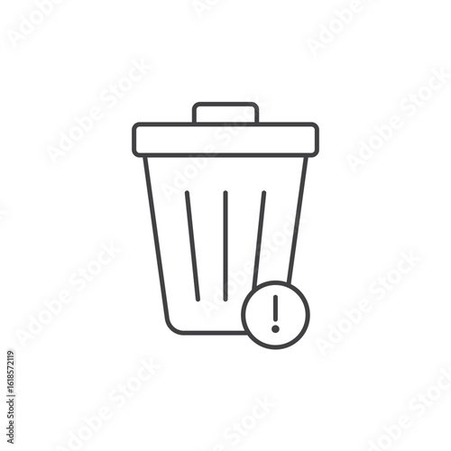 Trash bin line icon with exclamation mark, simple outline, alert or warning for web and app interface