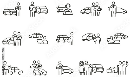 Vector set of linear icons related to car dealership and customer service for vehicle rental, technical support, auto shopping and infographics