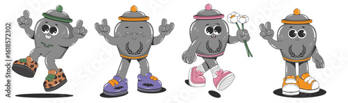 Retro Cartoon Halloween Characters. Groovy style Funerary Urns in different poses. Vector illustration set 60s, 70s. 