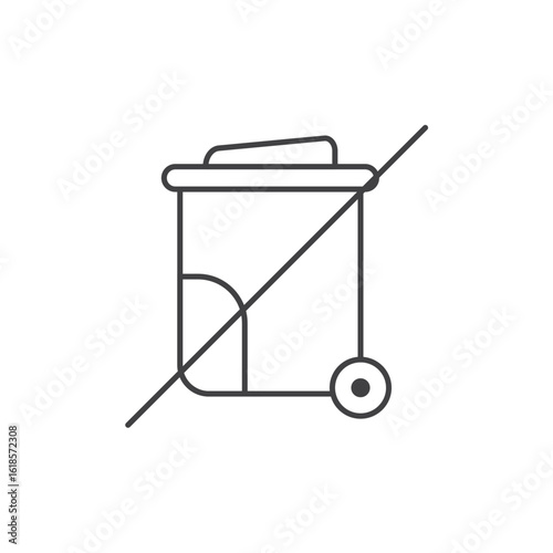 Prohibited wheelie bin line icon with slash, minimalist outline, ideal for no trash or restricted waste collection symbol