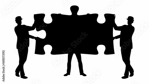 Three silhouetted figures holding a large jigsaw puzzle piece together in a collaborative effort image