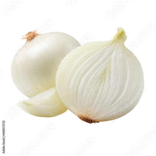 White onions halved and whole with a peeled layer image, Isolated On White, Png Transparent, Cut Out