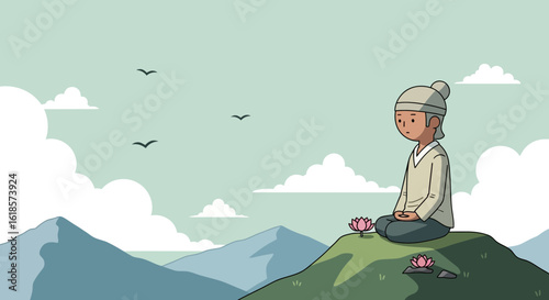 Cartoon illustration of a person meditating in a lotus position on a hilltop with mountains, clouds, and birds in the background.
