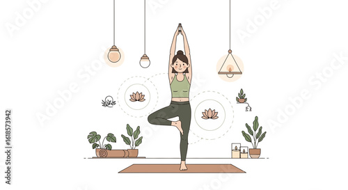 Vector illustration of a woman in yoga pose, tree pose, with hands raised, in a bright room with plants and hanging lights.