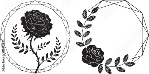  Two Elegant Black-and-White Floral Wreath Designs Featuring Large Roses and Delicate Flowers with Leaves in Minimalist Circular Arrangements