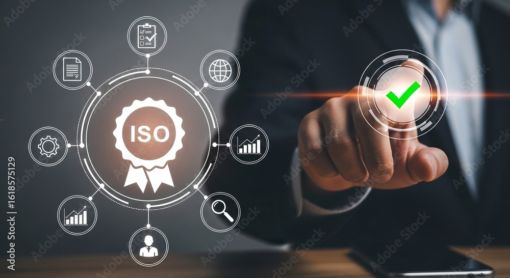 Obraz premium Man approves ISO certification, ensuring business quality with digital checkmark