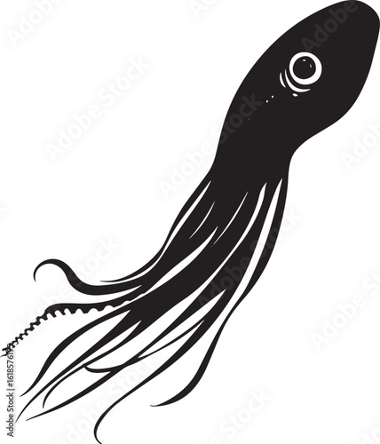 Squid Swimming Body elongated with fins extended, moving swiftly through the water. full length silhouette black vector illustration
