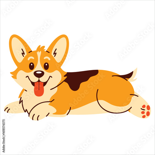 Cartoon style Welsh corgi dog running joyfully with tongue out and eyes closed expressing playful energy against a plain white background