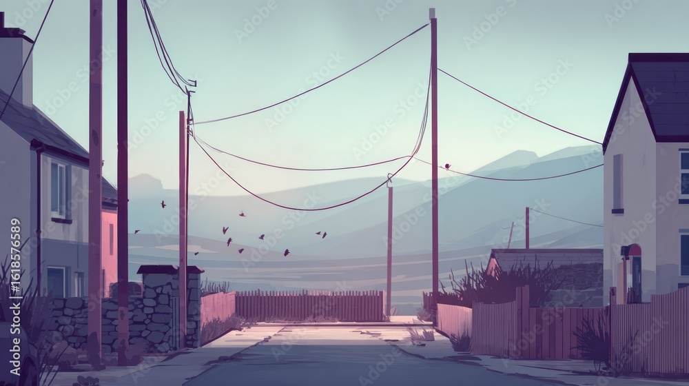 Obraz premium Pastel-toned village street at dawn