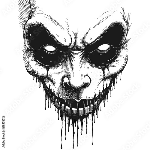 Ghoulish face in black and white sketch with capillary pen in vintage style  