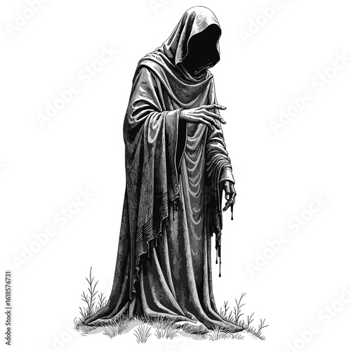 Headless ghost in vintage style black and white sketch on white background  
