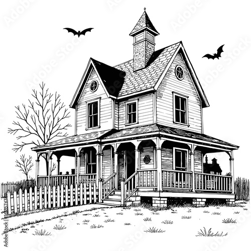 Vintage black and white sketch of a spooky house with bats  