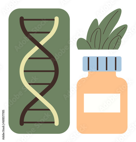 DNA double helix with supplement bottle capped by green leaves representing fusion of genetics and natural remedies. Ideal for health, nutrition, genetics, biotechnology, wellness, sustainability