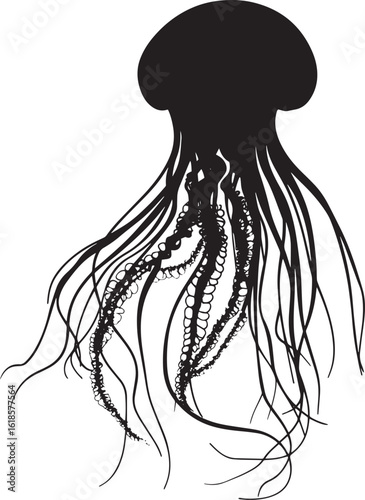 Jellyfish Escaping Danger A silhouette vector illustration depicting a jellyfish with its body rapidly contracting and tentacles drawn back, while its tail-like fin moves swiftly to evade threats