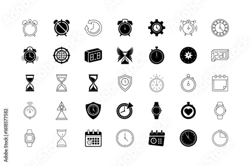 Collection of black and white clock and time icons