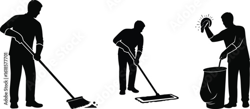 Illustration of a cleaner performing various tasks, including sweeping, mopping, and taking out the trash, showcasing the essential role of janitorial services