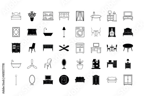 Collection of black and white furniture and home decor icons