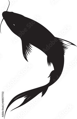 Catfish rotating form turning, fins angled, with the tail following the movement in a black vector outline.