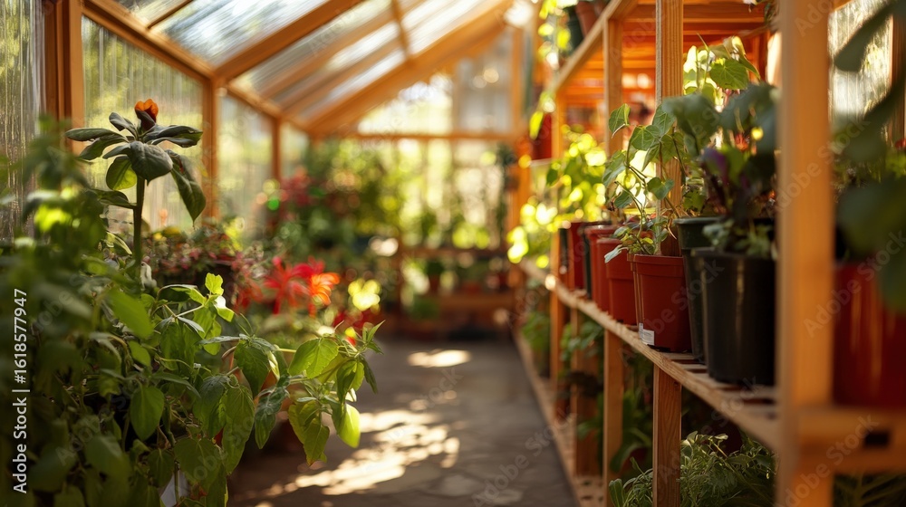 Fototapeta premium Lush Greenhouse Interior Filled with Vibrant Plants and Natural Light, Capturing the Essence of Indoor Gardening and Plant Care in a Bright Setting