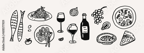 Whimsical Italian food bottle of wine, pasta and pizza line art sketch set. Coastal mediterranean whimsy dinner table settings, party summer hand drawn elements. Wedding coquette vector illustration