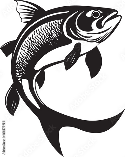 Trout pivoting form in a turning motion, fins positioned, and head directed forward in a black vector outline.
