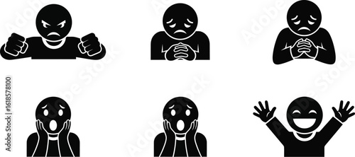 Set of various emotional expressions and feelings in silhouette, , illustrating different moods and mental states, with icons representing happy, sad, angry, and surprised faces