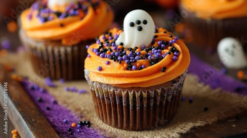 A cupcake with spook spies and a ghost on top