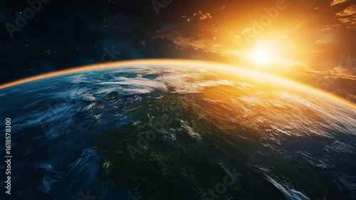 Spectacular Sunrise over Earth: An awe-inspiring view of planet earth bathed in the radiant light of a rising sun, revealing the atmosphere's vibrant colors and textures