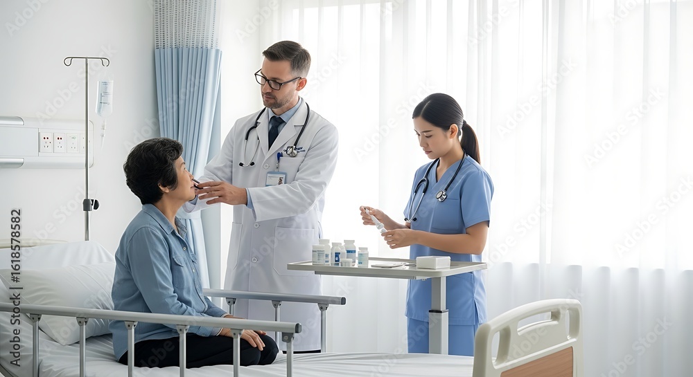 Fototapeta premium Medical Consultation with Doctor and Nurse Attending Female Patient in Hospital Bed