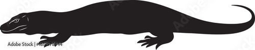 Komodo dragon lying still form flat on the ground, limbs stretched out, and tail resting in a black vector outline.