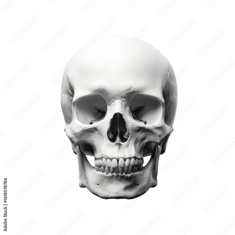 Fototapeta premium White human skull front view detailed anatomical representation bone anatomy, Isolated On White, Png Transparent, Cut Out