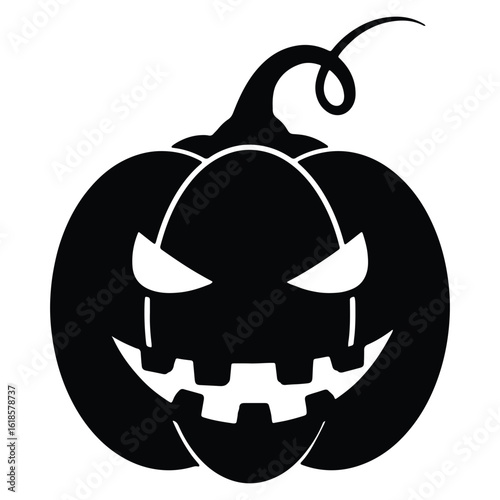 Spooky black and white carved jack o lantern halloween illustration with evil grin