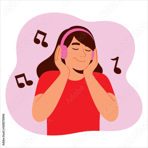 Cartoon woman with headphones listening to romantic radio music. Relaxed smiling girl loves good tracks. Flat vector character on white background
