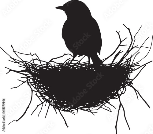 Robin in nest sitting low within the nest, head alert, and wings tucked in close in a full-length silhouette.