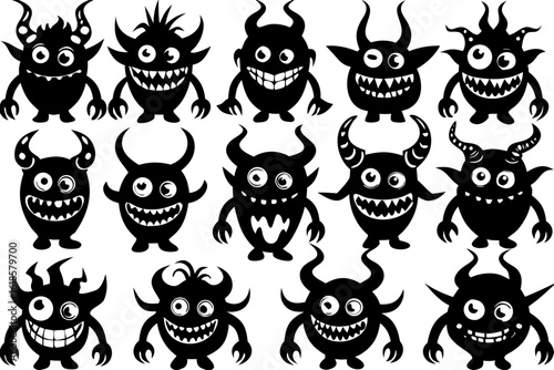 A whimsical collection of black monster silhouettes. Set of funny cartoon devil and gremlin characters with big toothy smiles and horns.