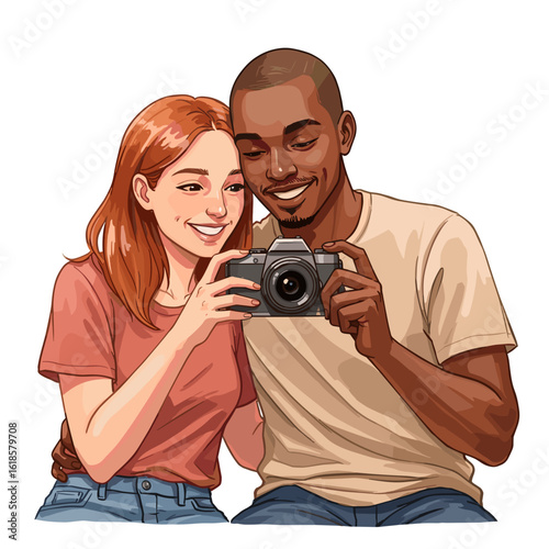 Young couple sharing a camera and smiling happily together  