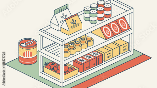 Isometric illustration of a store shelf stocked with various food items and packaged goods neatly arranged created with generated ai