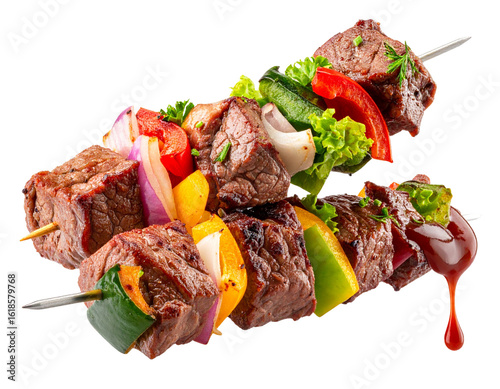  Single Curved Kebab Skewer with Dripping Sauce, Angled Side View, Isolated