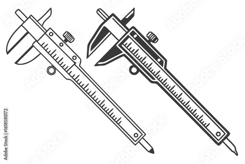 Vector illustration of a caliper for precise engineering measurements. Outline and solid black design for technical drawing and workshop concepts.