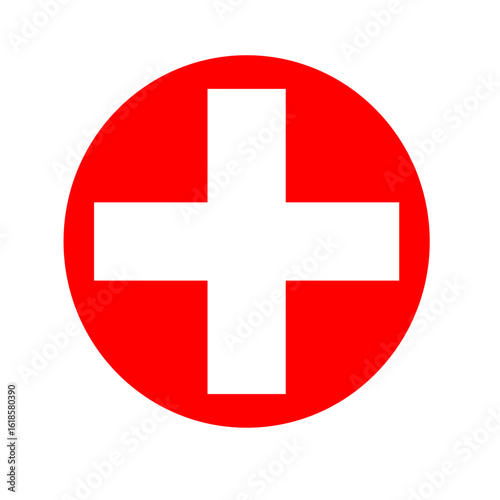 Vector illustration of a white plus sign symbol inside a red circle. A clean and simple design often used as an icon for first aid, medical services, health, or hospitals.