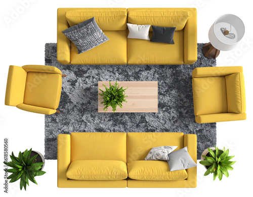 Yellow Interior Design Elements in an Organic Cluster with Overlapping Layout, Top View, Isolated