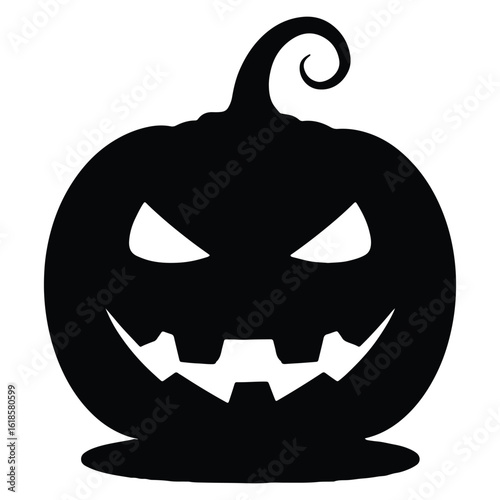 Spooky silhouette of a carved halloween pumpkin with evil grinning face and curly stem