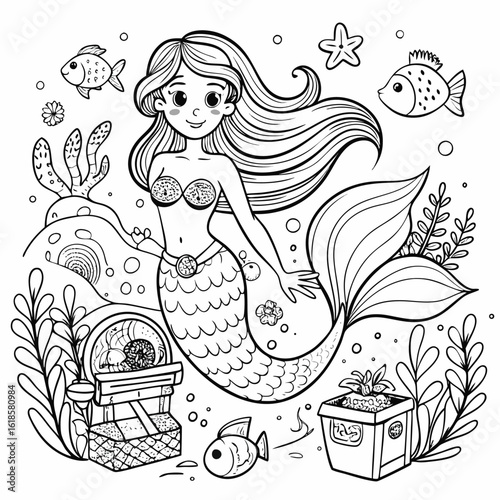 Funny cartoon fairytale princess coloring book illustration with an animal