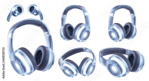 Transparent blue headphones and earbuds set rendered isolated on a white background showing a tech-forward design useful for music or audio
